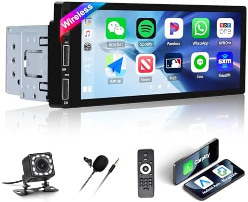 Single Din Car Stereo with Wireless Carplay&Android Auto,6.86 Inch Touch Screen 1 Din Car Radio with Bluetooth FM Radio Mirror Link for iOS/Android AUX/USB/TF Port Car Multimedia Player+Backup Camera