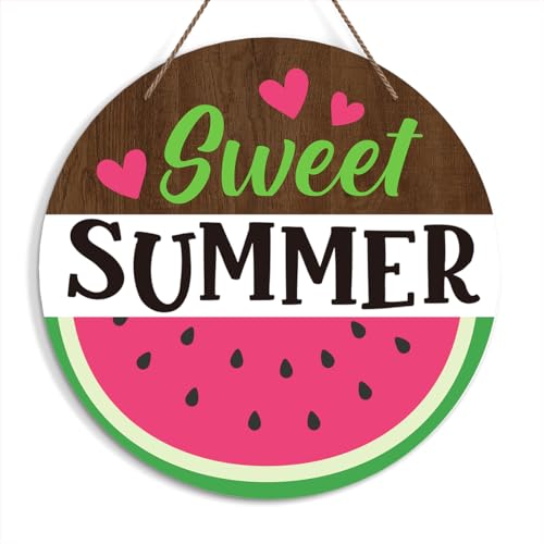 Zmyollo Summer Watermelon Round Welcome Decorative Sign, Sweet Summer Wooden Sign With Rope, Wall Art Decorations for Farmhouse Home Garden Patio Porch, Summer Gifts For Friends Colleagues, A31
