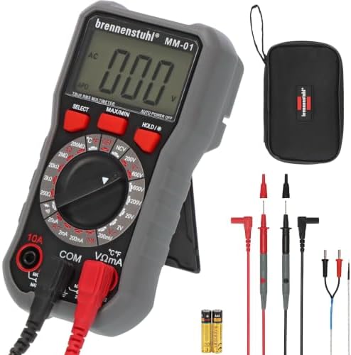 Brennenstuhl Multimeter MM-01 mit manueller Messbereichsauswahl | AC/DC-Spannung, DC-Strom, Widerstand, Temperatur, Diode, Durchgang, NCV-Test – bis 600V, 10A und 200MΩ, 2000 Count