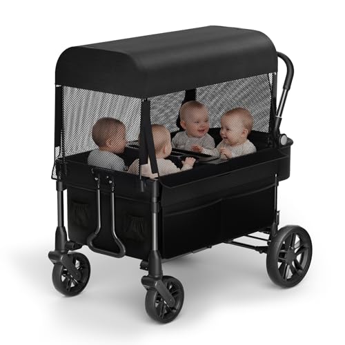 Fldofaves Wagon Stroller for Kids 4-Seat Kid Wagon for Toddlers Multi-Child Baby Wagon Stroller Heavy-Duty Kids Wagon with Canopy Large Foldable Toddler Stroller Wagon for Outdoor Travel