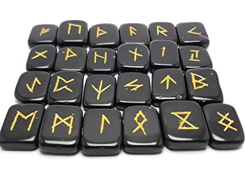 Tourmaline Noire Runes Crystal Rune Stones Set Elder futhark Viking Gemstone Reiki Guérison Alphabets runiques gravés dorés (Tourmaline Noire) – vue 6