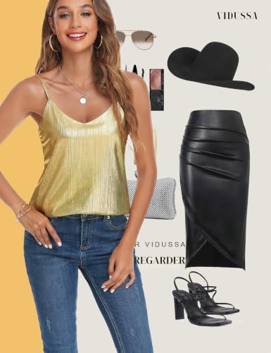 VIDUSSA Femme Débardeur Paillettes sans Manche Brillant Soiree Bal Danse Col V Chemise Cami Tops Shirt Hauts Champagne M – vue 4