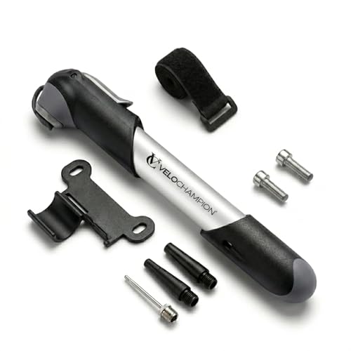 VeloChampion Mini Bike Pump. Compact 100 PSI/6.8BAR Bicycle Pump for Road, Hybrid & E-Bikes. Portable Tyre Pump with Presta, Schrader & Dunlop Valves, Frame Mount & Ball Needle (Pump)