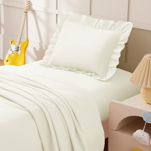 Image of KKJIAF 3 Piece Toddler Sheet Set Microfiber, Includes a Flat Sheet, a Fitted Sheet and a Ruffle Pillowcase, Beige