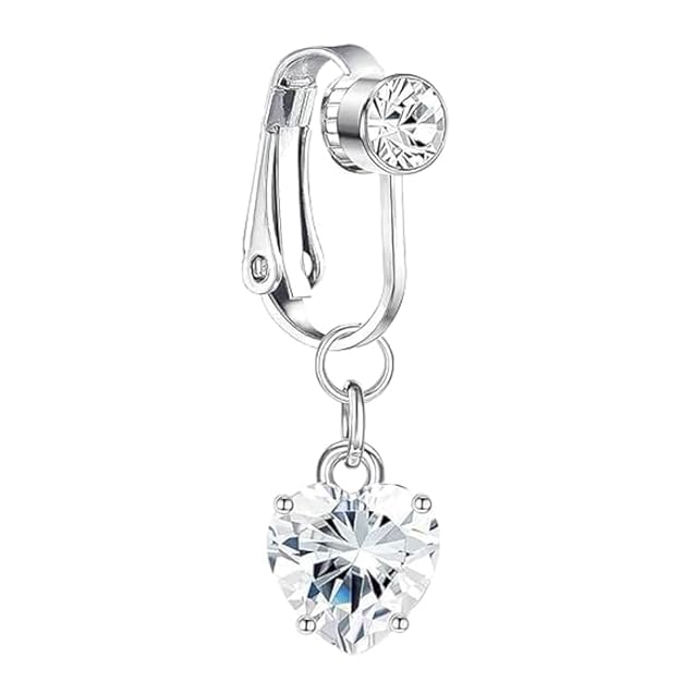 Fake Belly Button Ring for Women & Girls - Non-Piercing Clip-On Navel Ring, 316L Stainless Steel Heart & Evil Eye CZ Design, Hypoallergenic, Silver Belly Barbell Jewelry