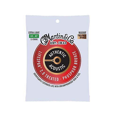 MARTIN 12 cuerdas para guitarra acústica, Lifespan 2.0 Extra Light 10-47, 98/2 bronce fosforoso (MA500T)