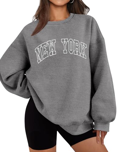 LOMON Oversized Sweatshirt for Women Crewneck Fleece Long Sleeve Graphic Pullover Sweater College SweatshirtsDark Charcoal Gray-New York L