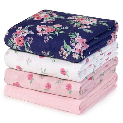Image of david's kids 4 Pack Baby Muslin Swaddle Blankets,100% Cotton and Ultra Soft Breathable Receiving Blanket Wrap for Girls, New Born Essentials, Large 47 x 47 inches, Floral Flowers/Pink