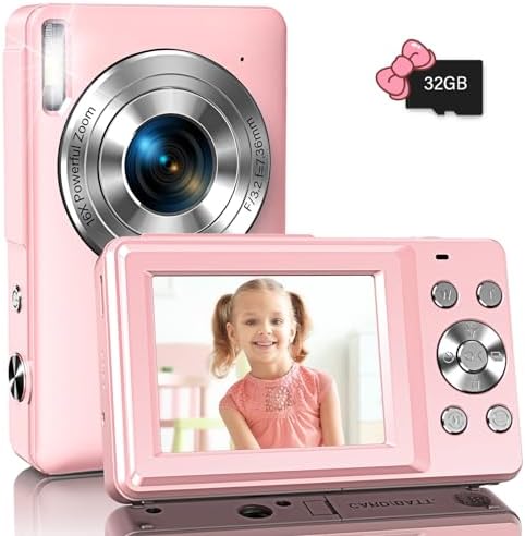 Digital Camera, Kids Camera with 32GB Card, FHD 1080P 44MP Point and Shoot Digital Cameras with 16X Zoom Anti Shake Flashlight, Compact Small Travel Camera for Teens Boys Girls Kids