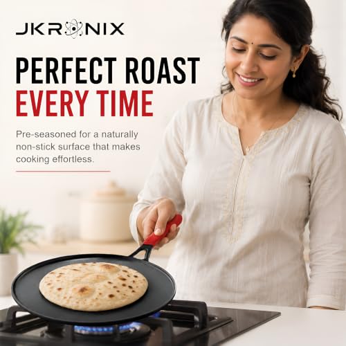 Image of Pre-Seasoned Cast Iron Dosa Tawa with Long Handle & Silicone Grip, 28 cm, Naturally Non-Stick Cookware for Roti, Chapati, Chilla & Uttapam, Heavy Duty Griddle, Gas Stove & Induction Compatible