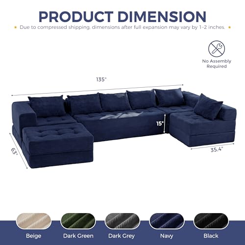 Image of MAXYOYO Modular Sectional Sofa Couch, Foldable U Shaped Cloud Couch with Pillows, Tufted 7-Seat Boneless Lounger Floor Sofa Bed for Living Room, No Assembly Required, Navy