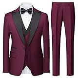 Rogers & Morris Tuxedo Suits for Men Solid 3 Piece Slim FitFormal Set Peak Lapels One Button Jacket Vest Pants Burgundy L