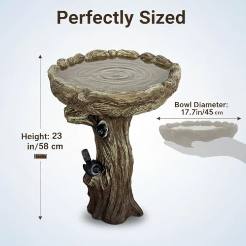 Image of SunJet 23 Inch High Wood-Look Concrete Bird Bath with Decorative Faux Bird - Birdbath Rustic & Long-Lasting Design, Enhances Garden, Patio, Yard, Lawn Decor