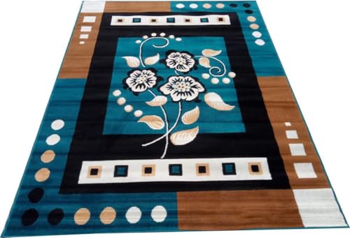Image of Modern Floral Area Rug for Living Room | Soft Anti-Slip Carpet for Bedroom & Hall | Stylish Blue & Black Designer Floor Rug 6x8 feet