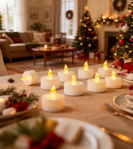 Image of YIWER Tea Lights LED Tea Light Candles 200 Hours Pack of 50 Realistic Flickering Bulb Battery Operated Tea Lights for Seasonal Festival Celebration Electric Fake Candle in Warm Yellow