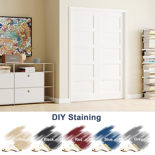 Image of 24 inch x 80 inch Slab Door, 5-Panel Pantry Wood Door with Black Door Lever, Interior Single Door Panel for Closet & Bedroom, Classic Style as Prehung, Pocket, Bifold, Barn Doors