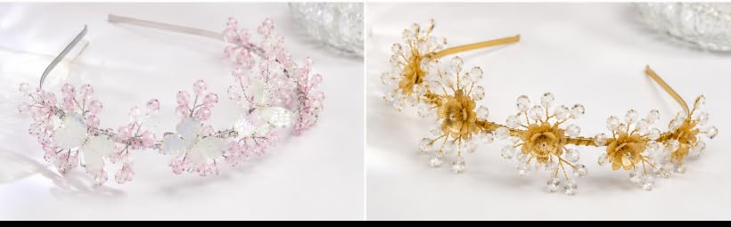 Bridal Crystal Beaded Floral Headband, Wedding Hair Accessory (Pack of 2) | Butterfly & Flower Design, Gold & Silver Variants, Pink Crystal Beads, Pearl Accents, Wire Wrapped Band-image-1