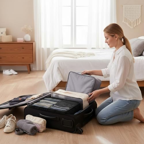 SHENLIU 12 Pcs XL Packing Cube for Travel Luggage Organizer, 17.7 x 12.99 x 4.72 inches Reusable Black Gray Beige Mesh Travel Luggage Bags for Hiking Camping Accessory - Image 3