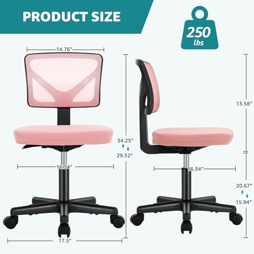 Image of OLIXIS Armless Office Chair, Ergonomic Desk Chair with Wheels, Mesh Back, Removable Washable Foam Cushion, Height Adjustable Rolling Swivel Chairs for Small Space, Home, Office, Pink
