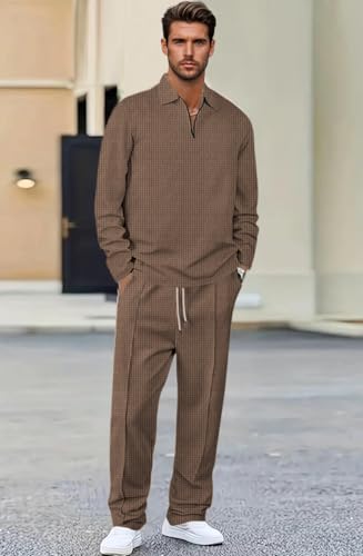 Image of Jawdrobe Men's Waffle-Check Co-Ord Set | Self-Textured Collar Top | Drawstring Jogger Pants | Cotton-Blend Loungewear /Night-Suit | Casual Travel & Streetwear Two-Piece