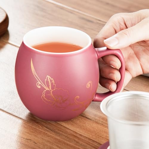 Image of Yundu 12 OZ Ceramic Mug with Lid & Tea Strainer - Matte Purple Tea Cup with Golden Flower, Stainless Steel Infuser for Loose Leaf Tea