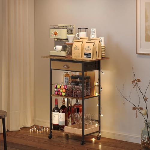 X-cosrack Coffee Bar Stand Station Cart with Storage Drawer -3 Tier, Extended Worktop Coffee Table