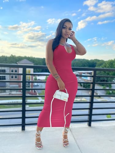 Image of Nimsruc Women Casual Sexy Deep U Neck Tank Top Bodycon Dress Summer Sleeveless Wrap Long Basic Party Club Maxi Dresses