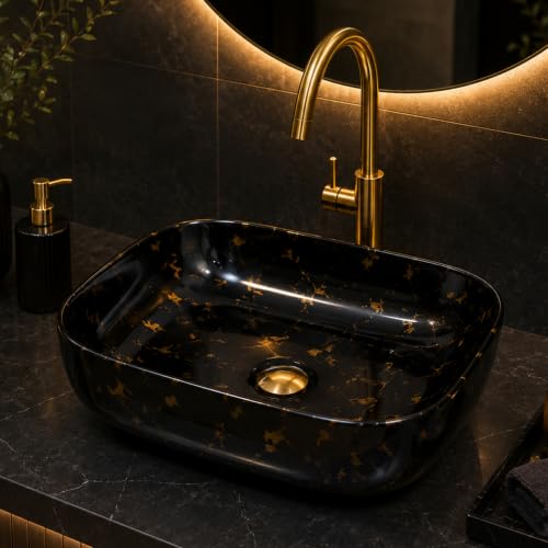 Image of Ceramic Tabletop Wash Basin - Glossy Rectangular Countertop Vessel Sink with Marble Finish for Bathroom & Vanity | Compact 18 x 13 x 5 Inch | Elegant Washbasin