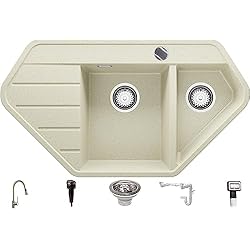 Cocinas Con Fregadero En Esquina Fregadero Cocina de Esquina 90 x 50 cm, Fregadero Granito 1,5 Senos + Grifo + Sifón Automático, Fregadero Empotrado con Escurridor Copenhague Corner de Primagran, Beige