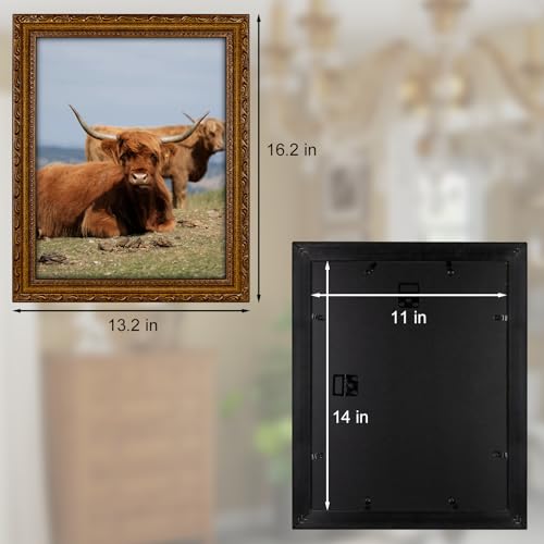 Image of 11x14 Picture Frame Vintage Wood 14x11 Picture Frame Gold | Real Glass, Matted 9x12 or 11 x 14 Photos, Easy Photo Changes, Wall Hanging