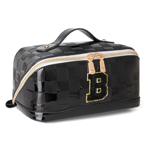 Initial Makeup Bag Large Capacity Travel Cosmetic Bag for Women PU Leather Open Flat Toiletry Bag with Handle and Divider Personalized Gifts for Women (Black B)