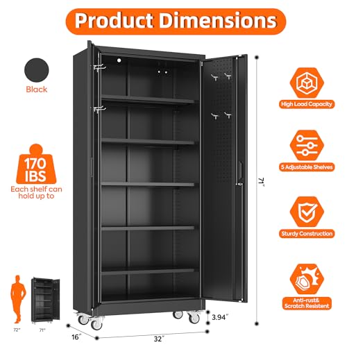 Image of Aobabo Metal Garage Storage Cabinet with Wheels and Door Pegboard