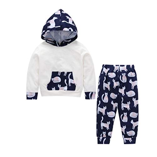 1-5 T Kids Baby Hoodie Sweatshirt Clothes Set Cat Print Hooded Top Blouse Tracksuit +Pants Pocket Autumn Winter Outfits (White, 24M)