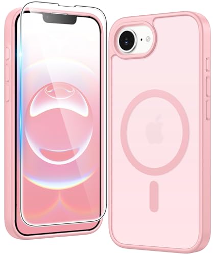FNTCASE for iPhone 17e & iPhone 16e Case Matte: Magnetic Phone Cases with Screen Protector Drop Proof Compatible with Magsafe Slim Anti Yellowing Protective Translucent Cell Phone Cover (C-Pink)