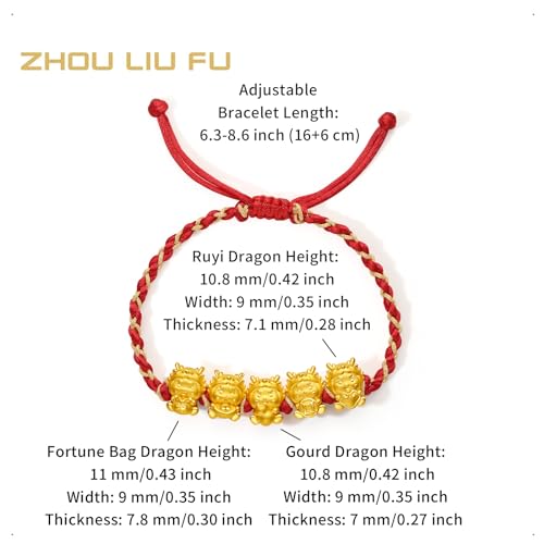 24K Solid Gold Bracelet Five Snake Dragon Pure Gold Charm Red Braided Bracelet Cute Animal Jewelry for Women Mom Daughter Birthday New Year 6.3-8.7"(16+6cm)2
