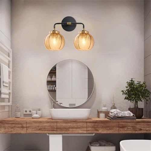 Image of Mid Century Light Fixture Bathroom Wall Sconce 2-Lights with Amber Ribbed Glass Shade Globe Wall Mount Light Modern Vanity Lights for Over Mirror Bedroom Hallway Overhead