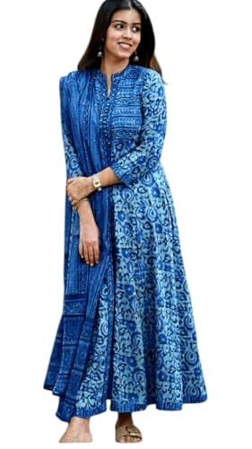 Image of Women's Cotton Trending Anarkali Printed Kurta with Pants and Dupatta Set | Ethnic Set (Blue)