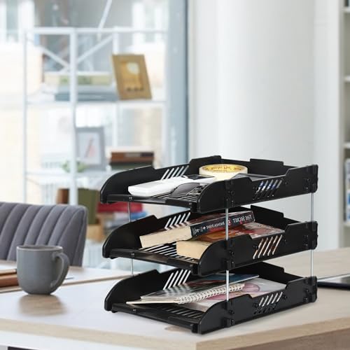 Image of File Tray Rack ABS Plastics | Foldable Office Desk Accessories | Durable & Sturdy | Easy Assembly | Efficient Organizer | Plastic Office Stationery Files Layer Rack (3 Layer, Black)