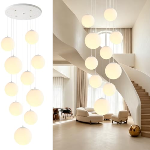 Suspension verre blanc laiteux lustre cascade E27 réglable grand hall