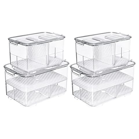 SANNO Fridge Produce Saver Storage Vegetable Fruit Containers Food Produce Saver Container Stackable Refrigerator Organizer Bins Fresh Keeper Drawers Organizer, Set of 4 Cover