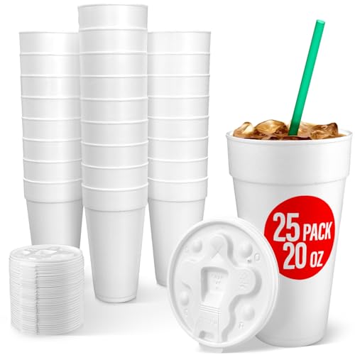 20 Oz Styrofoam Cups with Lids (25 Pack) Large Foam Cups for Hot and Cold Drinks Insulated White Styrofoam Coffee Cups Soda Juice Tea - Made in USA