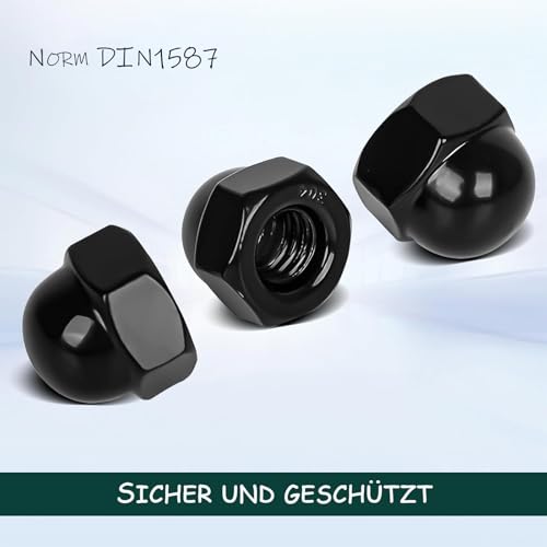ORTAVA 10 Stück Hutmuttern M8 Edelstahl, Kappenmuttern DIN1587 Hohe Form Edelstahl A2 V2A Sechskant Hutmuttern für Schrauben Gewindestangen & Gewindebolzen (Schwarz)