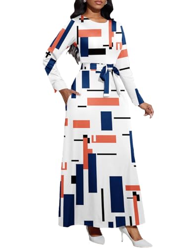 Image of BubFee Long Dress for Women Casual Long Sleeve Dresses Maxi Dress Empire Waist Loose with Belt