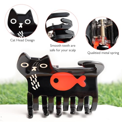 Cat Hair Claw Clips for Women Girls Cute Big Hairpins,Black Cat with Red Fish Splicing Personalised Hair Claw Kawaii Funny Cat Style Medium Clips for Thin Hair, Animal Hair Accessories Gift