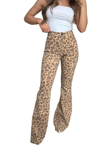 Willow Boutique Fiona High Waisted Bell Bottom Flare Jeans - Light Brown Leopard (US, Alpha, Medium, Regular, Regular, Brown)