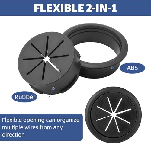 Image of 50 MM Desk Cable Grommets, ABS and Rubber, 4 Pieces, Black | Round 60 MM Covers With 40 MM Cable Opening And Removable Insert For Routing Wires Through Computer Desks And TV Cabinets
