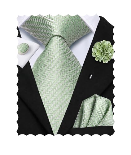 Image of Hi-Tie Men Ties Set Woven Necktie and Lapel Pin Pocket Square Cufflinks Sets Formal Business Wedding,Sage Green