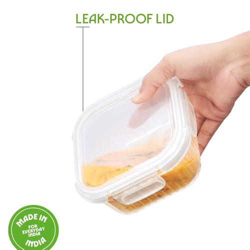 Image of Borosil 800 ml Fluted Klip N Store Square Food Storage Container with Air Tight Glass Lid | Borosilicate Glass Container for Lunchbox | Microwave & Dishwasher Safe | Transparent