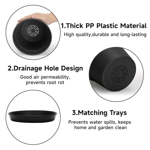 KINGLAKE 15cm Blumentöpfe mit Untersetzer - 6 Stück Pflanztöpfe Klein, übertopf Pflanztopf, Blumentopf Kunststoff Set, Topf Kleine Flower Pot für Pflanzen Kakteen Kräuter-Schwarz