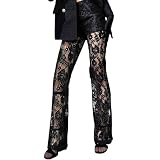 BOLLEY JOSS Women's Sexy See Through Floral Lace Pants Hollow Out High Waist Straight Leg Flare Pants Sheer Mesh Cover Up Trousers